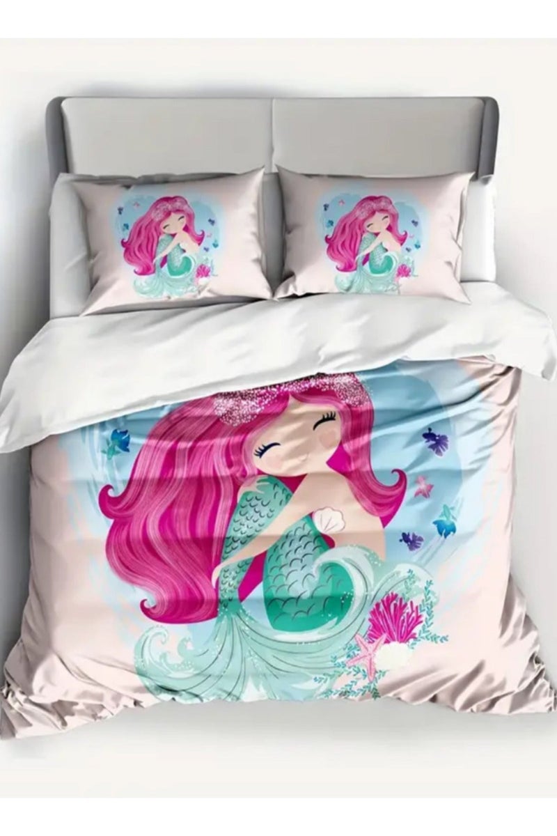 LUNA Home Single Size 4-Piece 1 duvet cover (160 x 210 cm), 1 fitted sheet (100 x 200 + 30 cm), and 2 pillow cases (50 x 75 cm) - Pink 3D mermaid design - Image 4